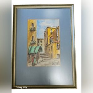 Mid Century Watercolor Painting dipicting a Street scene In Madrid Signed.